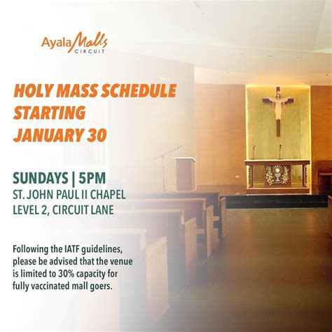 ayala feliz chapel mass schedule|Mass Schedule of St. John Paul II Chapel, Cebu City, Cebu.
